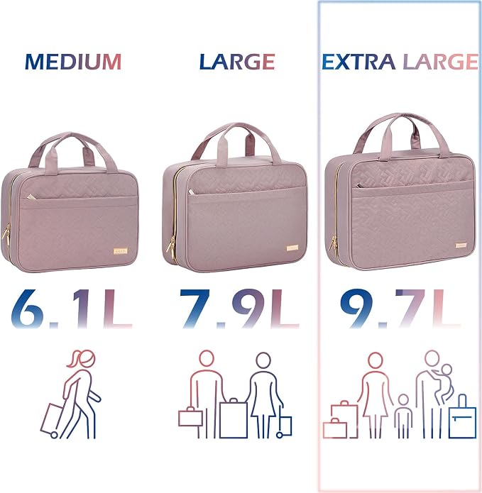 NISHEL Travel Toiletry Bag for women, Portable Hanging Organizer for Family-Sized Shampoo, Conditioner, Brushes Set, Makeup Accessories, Extra Large Size, Peach Pink