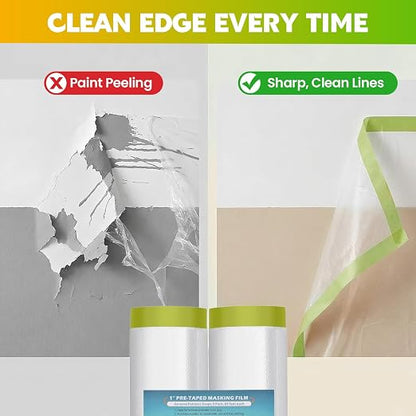 LLPT Pre-Taped Masking Film, 106.3" Unfolded x 66Ft, 0.31 Mil, 2 Pack | Static-Cling, Disposable, Solvent & Oil Resistant Bleed-Proof Low Tack No Residue for Auto Wall Furniture Painting Protection