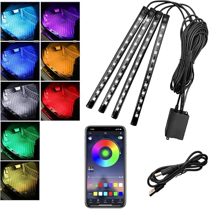 povtii Car Led Interior Lights, RBG 48 LED Multicolor Music Auto Interior Strip Light with APP Control, Waterproof Lighting Lamp Kit Under Dash with Charger, Car Accessories (USB)
