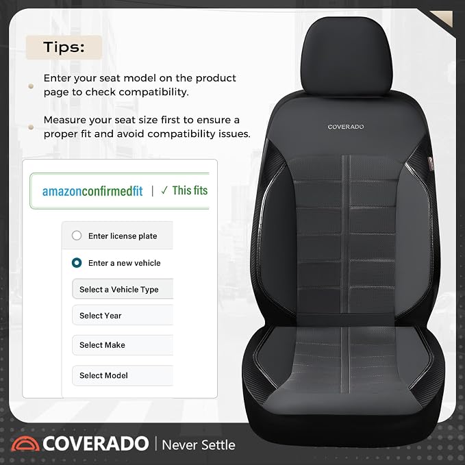Coverado Front Seat Leather Covers, Full Leather Construction with Carbon Fibre Weave, Universal Fit for Most Cars SUV Trucks (Black)