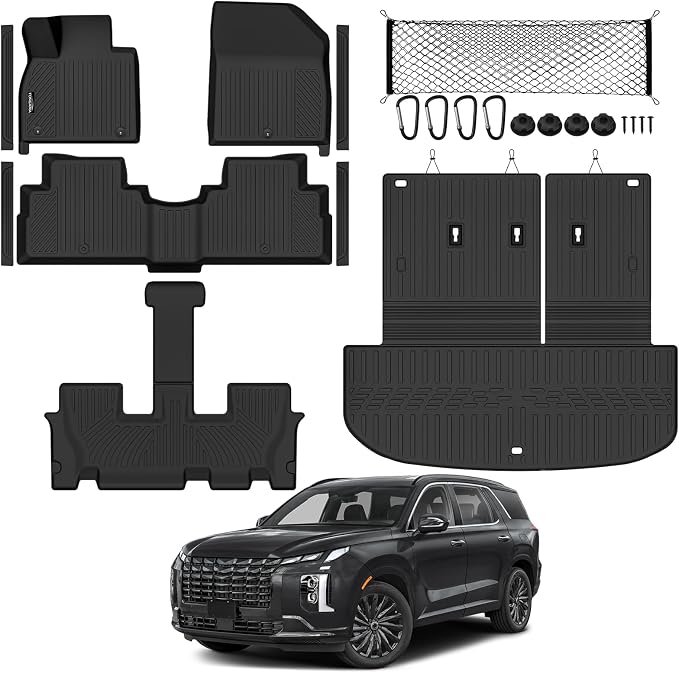 Tongama-Floor Mats for 2020-2025 Hyundai Palisade, All Weather TPE Trunk Mat with Backrest Mat and Cargo Net and Door Sill Guards for Hyundai Palisade Floor Liner Accessories