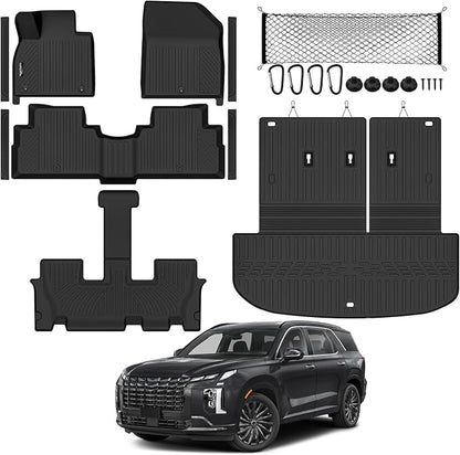 Tongama-Floor Mats for 2020-2025 Hyundai Palisade, All Weather TPE Trunk Mat with Backrest Mat and Cargo Net and Door Sill Guards for Hyundai Palisade Floor Liner Accessories