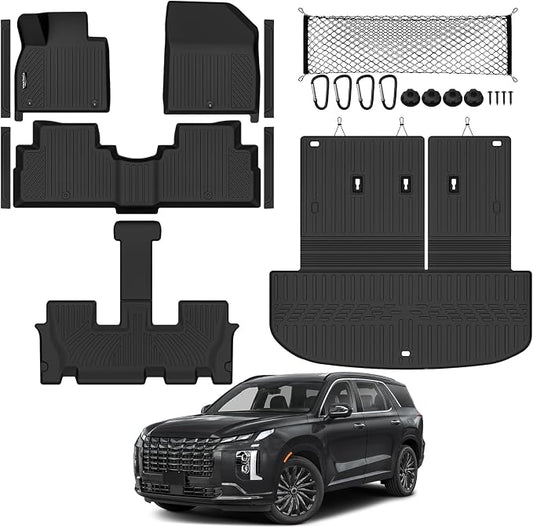 Tongama-Floor Mats for 2020-2025 Hyundai Palisade, All Weather TPE Trunk Mat with Backrest Mat and Cargo Net and Door Sill Guards for Hyundai Palisade Floor Liner Accessories