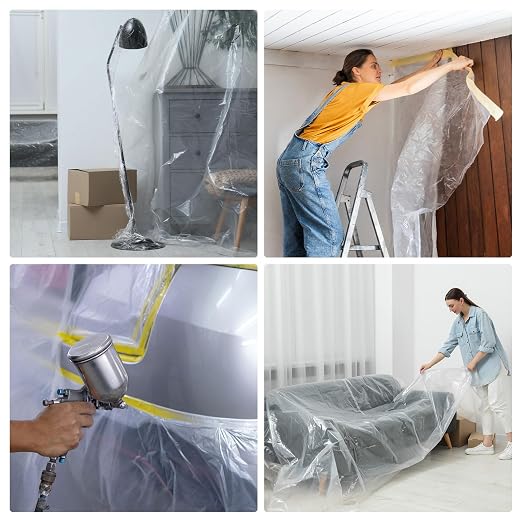HARFINGTON Pre-Taped Masking Film 43.3" x65.6ft Double Adhesive Tape and Drape Painters Plastic Drop Cloth Film with Tape Plastic Sheeting for Automotive Painting Covering
