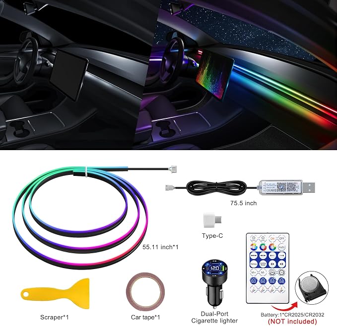 Dreamcolor Acrylic Interior Car LED Strip Light with USB/Type C/4-Port USB Cigarette Lighter,RGB 55.1 inch Ambient Lighting Kits, Sound Active Function Neon Led Strips for Car