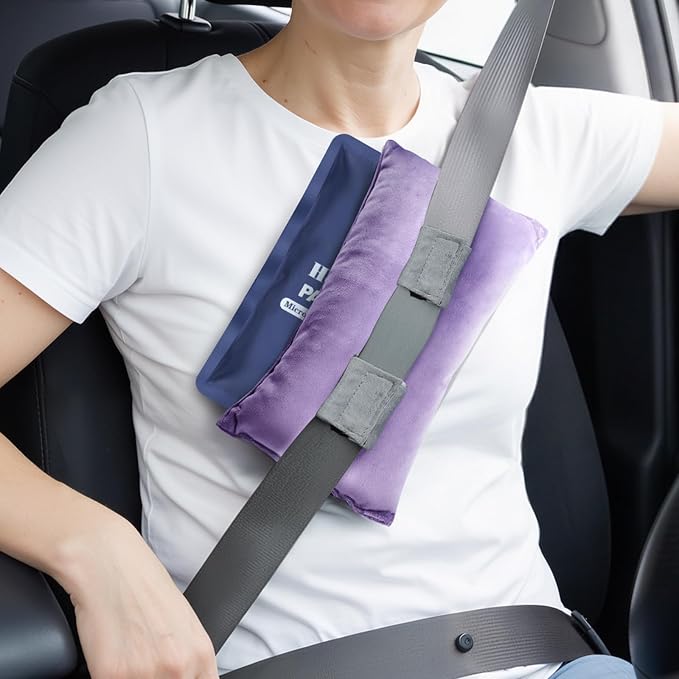 Post Surgery Seat Belt Pillow with Ice Pack, Seatbelt Cushion for Mastectomy, Heart Surgery, C-Section & Hysterectomy Recovery, Chemo Port Protector, Seatbelt Pad with Pocket (Purple)