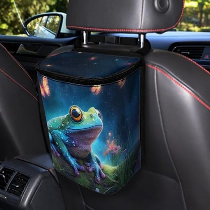 Talayituse Butterfly Galaxy Frog Print Car Trash Bin, Large Size Auto Trash Can Adjustable Portable Garbage Can with Lid, Vehicle Hanging Bag for Headrest Front Back Seat