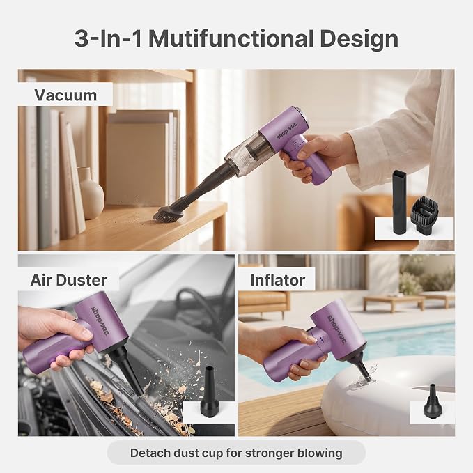 Shop-Vac S4 Handheld Car Vacuum Cleaner Cordless, 16000Pa 3-in-1 Mini Hand Vacuum & Air Duster with Brushless Motor, Multi-Nozzles, Rechargeable, for Car, Office, and Home Detail Cleaning (Purple)