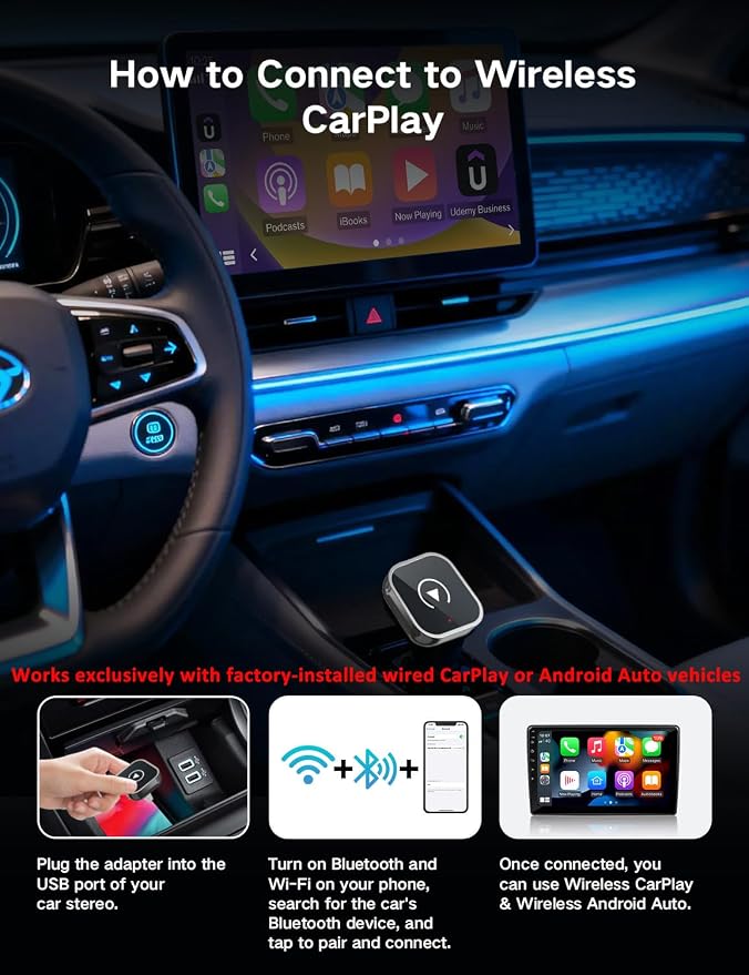 Wireless CarPlay Adapter for iPhone and Android Auto, 2-in-1 Convert Wired to Wireless Car Play Adapter, Plug and Play, No Latency, Fast and Stable Auto Connect, with USB/USB-C