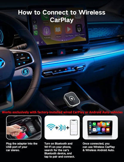 Wireless CarPlay Adapter for iPhone and Android Auto, 2-in-1 Convert Wired to Wireless Car Play Adapter, Plug and Play, No Latency, Fast and Stable Auto Connect, with USB/USB-C