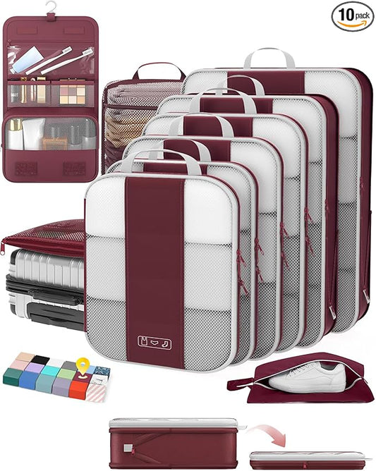 OlarHike 10-Pack Compression Packing Cubes for Travel Essentials,Compressible Expandable Packing Cubes for Suitcase,Luggage Garment Bags for Travel,Handy Helper for Organizing Clothes(Wine Red)