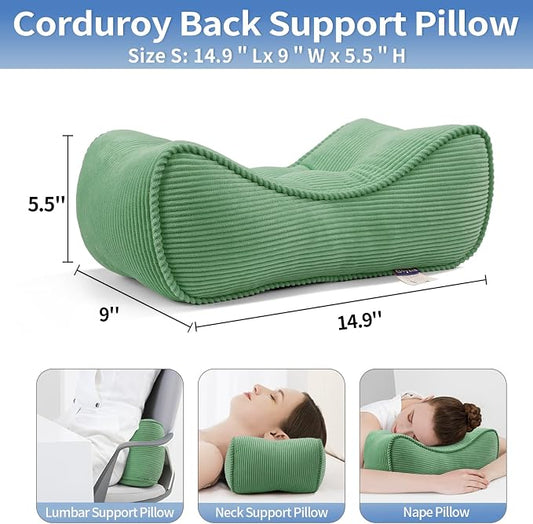 Lumbar Support Pillow for Study Desk Chair, Bite-Size Natural Latex Foam Back Support Pillow for Lower Back Pain Relief, Soft & Support Corduroy Office Chair Cushion, S, Green