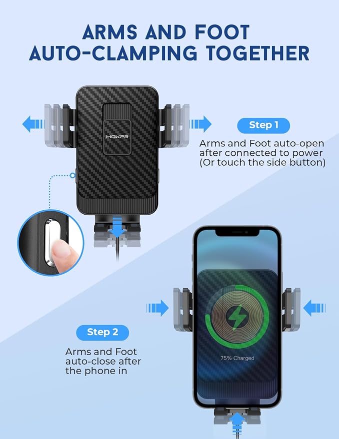 Wireless Car Charger, MOKPR 15W Fast Charging Car Mount Auto-Clamping Car Charger, Dashboard Windshield Phone Holder Compatible with iPhone 16 15/14/13/13 Pro/12 Pro12/11/X, Samsung S23/S22/S10/S9/S8