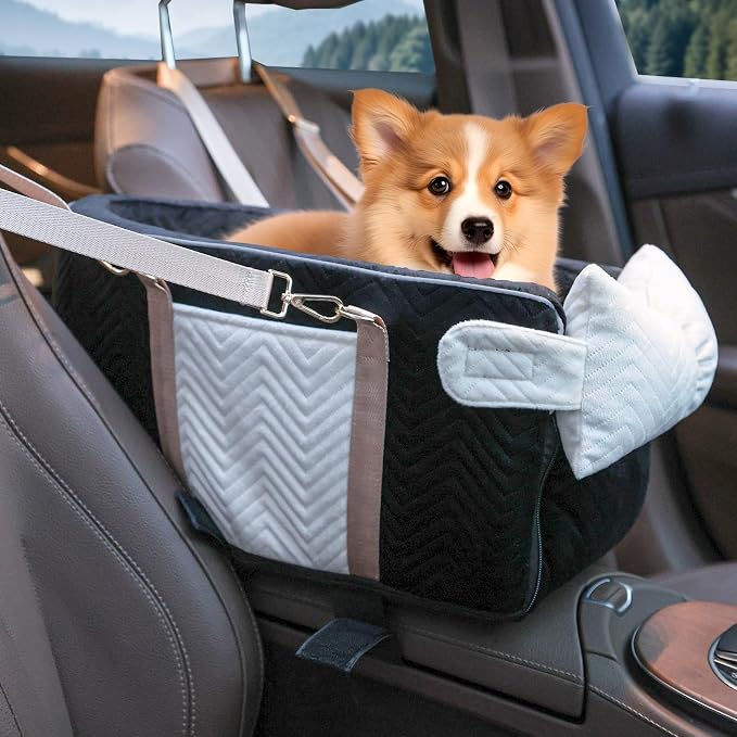 Dog Car Seat for Small Dogs Adjustable Portable Center Console Dog Car Seat Removable Cat Booster Cars Seats - Safety Belt with Cushion Anti-Collapse for Puppy Kitten Up to 15 Lbs (Black)