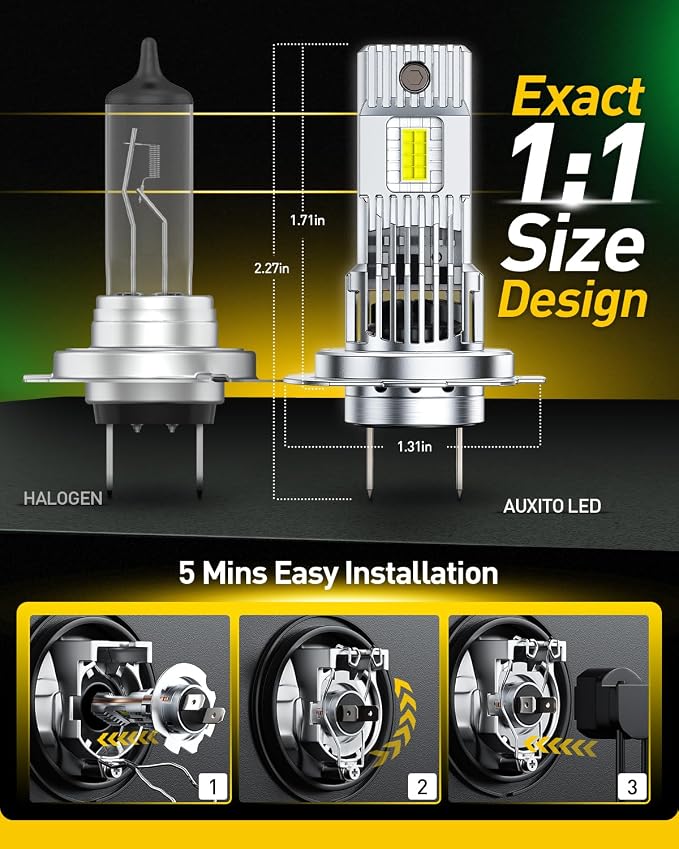 AUXITO H7 Bulb - 1000% Brighter 6500K White, True 1:1 Halogen Mini Size, Direct Fit for H7 Automotive Fog Lights, Plug and Play Installation