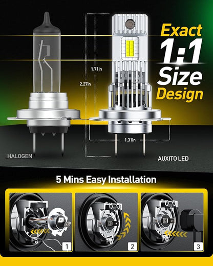 AUXITO H7 Bulb - 1000% Brighter 6500K White, True 1:1 Halogen Mini Size, Direct Fit for H7 Automotive Fog Lights, Plug and Play Installation