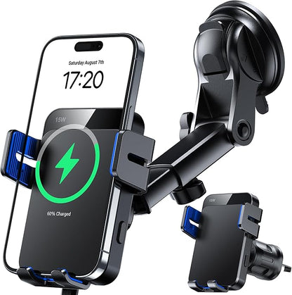 MOKPR Wireless Car Charger, 15W Auto Clamping Car Charger Dash Windshield Air Vent Phone Holder Compatible with iPhone 16 15 14/13/13 Pro/12 pro/12/11/X/8, Samsung S24/S23/S22, Blue