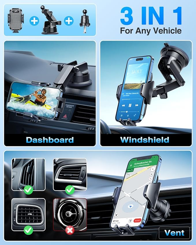 [True Military-Grade] Car Phone Holder VANMASS [Upgraded Strongest Suction&Clip] Cell Phone Mount for Dashboard Windshield Vent Kit, Truck Cradle Stand for iPhone 17 Pro Max 16 15 14 Android,Ink Black