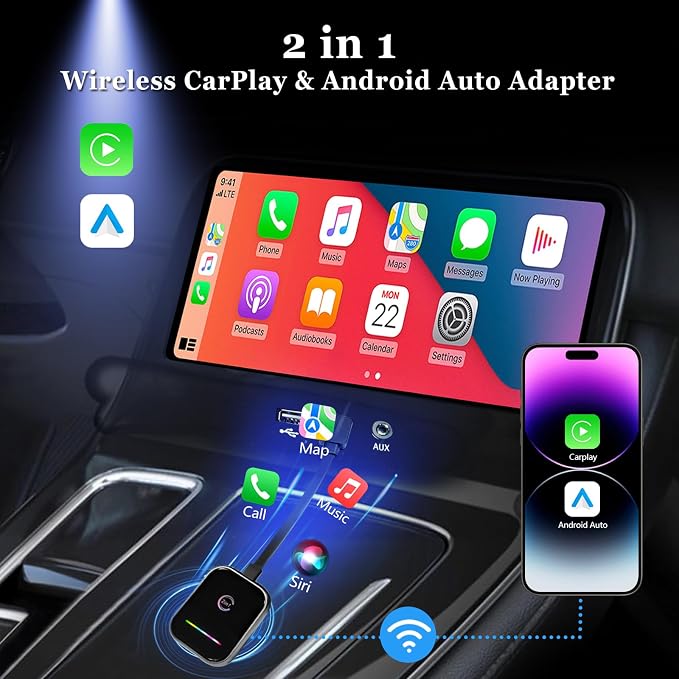 Wireless CarPlay Adapter for iPhone, 2 in 1 Carplay and Android Auto Adapter Converts Factory Wired to Wireless, USB-A/C Plug and Play Fast Response for iOS 10+/Android 11+