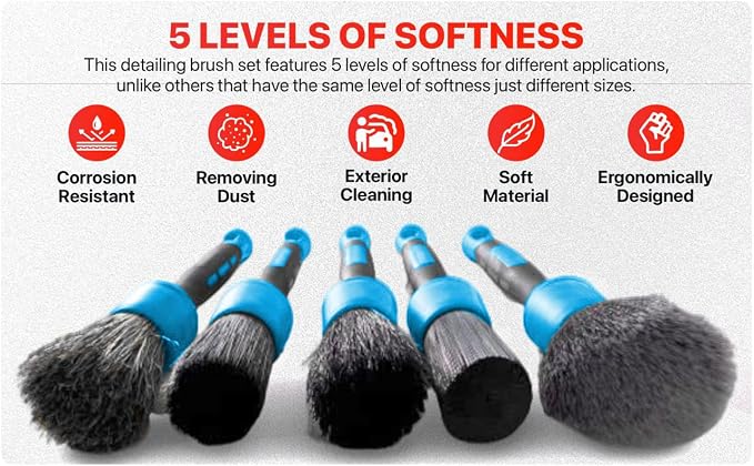 Preimum Car Detailing Brush Set - 5 Pack Auto Detail Kit for Automotive, Soft to Firm Brushes for Cleaning and Polishing for Interior, Exterior, Dashboard, Wheel Rims, Air Vent, Seat, car wash (BLUE)