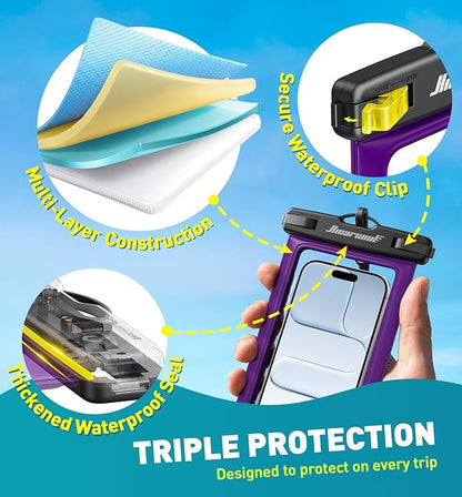 Hiearcool Waterproof Phone Pouch 2 Pack, IPX8 Dry Bag with Lanyard, Touch Screen Compatible for iPhone 17/16/15/14/13 Pro Max, Beach Swimming Cruise Travel-Black & Deep Purple