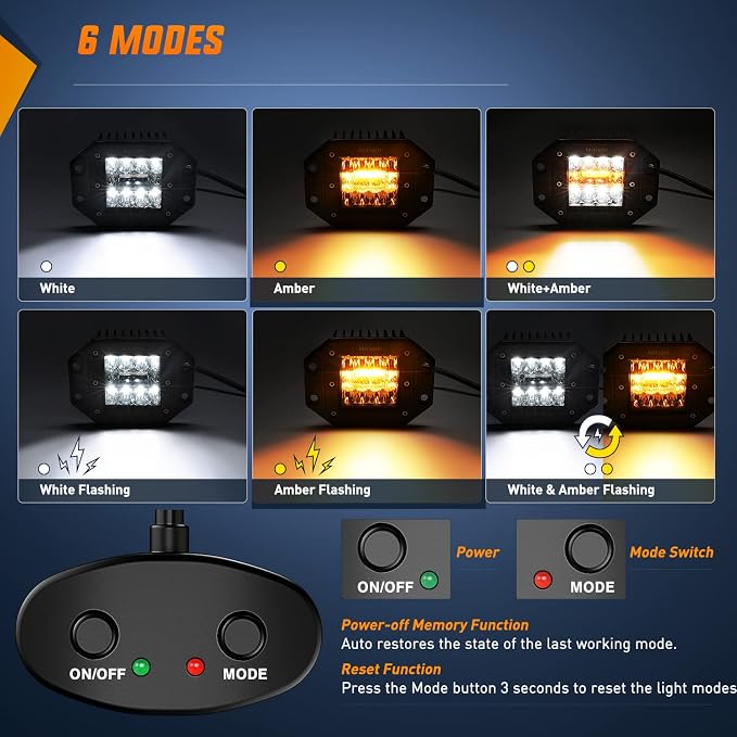 Nilight 2PCS 42W Light Pods Flush Mount Spot Flood Amber White Strobe 6 Modes Memory Function for Fog&Snow Off-Road Truck Car ATV JEEP Cabin Boat with 16AWG Wiring Harness Kit-2 Leads