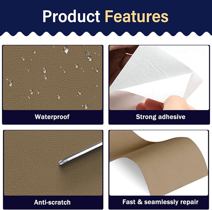 Zenyao Leather Repair Patch Tape - Self Adhesive Leather Repair Kit for Car Seat Furniture, Heavy Duty Vinyl Repair Patch for Couch Sofa, Waterproof Fix for Tears, 3x60 Inch Roll, Grey Khaki