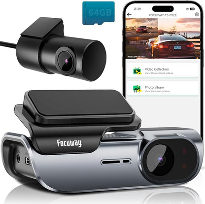 FOCUWAY 4K Front and Rear Dash Cam: Fast 5GHz WiFi & Hands-Free Voice Control, Compact Hidden Design, 24/7 Parking Mode Recording, Supercapacitor & Type-C, Free 64GB Card, Super Night Vision