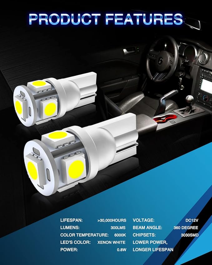 Marsauto 194 LED Bulbs 168 T10 2825 5SMD LED Bulbs Car Dome Map License Plate Lights Lamp White 12V, Tail Light Covers (Pack of 2)
