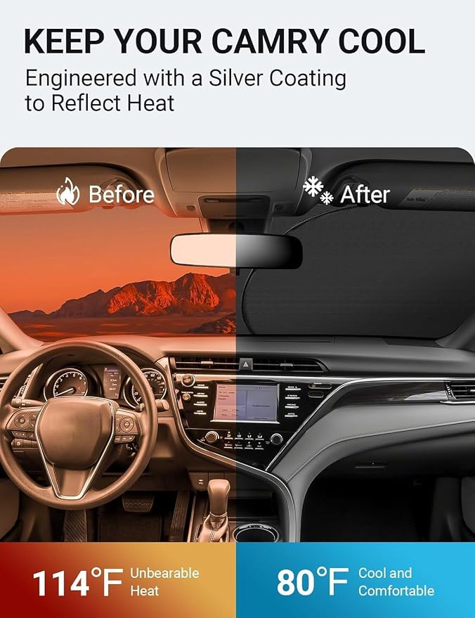 Proadsy 2026 Upgrade Windshield Sun Shade Custom Fit 2018-2025 2026 Toyota Camry LE XLE Hybrid SE XSE 4-Layer Foldable Front Sunshade Protector Sun Visor Blocks UV Rays Keep Car Cooler