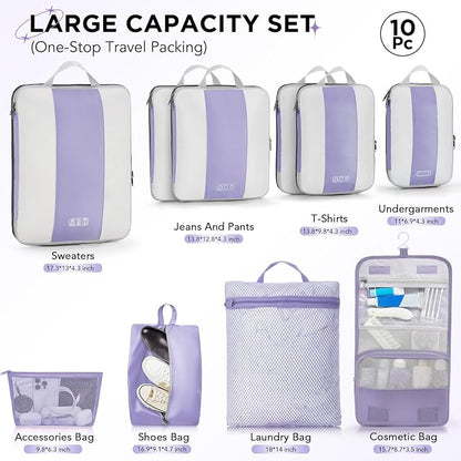 OlarHike 10-Pack Compression Packing Cubes for Travel Essentials,Compressible Expandable Packing Cubes for Suitcase,Luggage Garment Bags for Travel,Handy Helper for Organizing Clothes(Purple Gray)