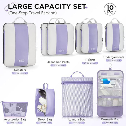 OlarHike 10-Pack Compression Packing Cubes for Travel Essentials,Compressible Expandable Packing Cubes for Suitcase,Luggage Garment Bags for Travel,Handy Helper for Organizing Clothes(Purple Gray)