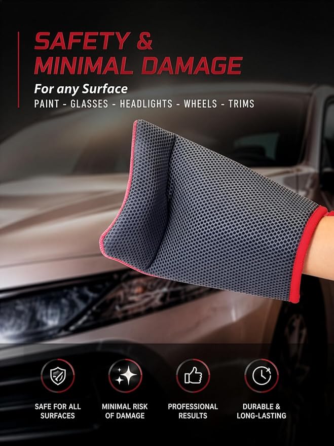 TAKAVU Auto Detailing Clay Mitt 1 Pack 9.7x6.3 inches, Magic Clay Bar Mitt Premium Mesh and Microfiber for Remove Dirts Mud Grime, Car Cleaning Detail Glass Wheel Windshield (Red)