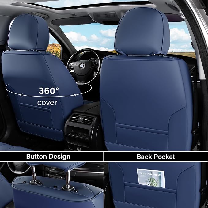 Coverado Car Seat Cover Full Set, Blue Seat Covers Front Seats Back Seat Covers, Nappa Leather Waterproof, Car Seat Cushion, Car Seat Protector Universal Fit Most Cars