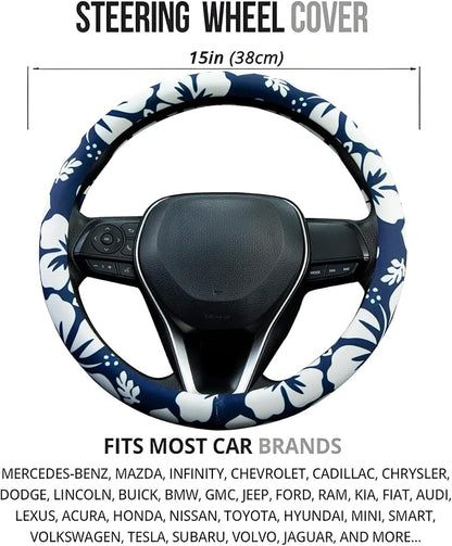 White Hibiscus Hawaii Steering Wheel Cover Auto Steering Wheel Protector, Anti-Slip, Breathable, Absorbing Sweat, Universal Floral Car Accessories 14.5–15 inch