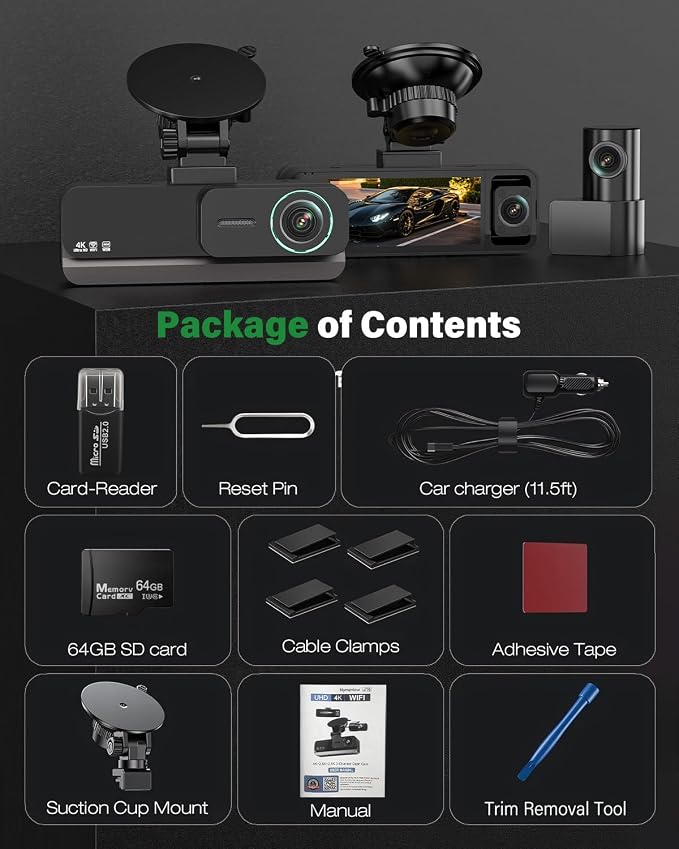 4K+2.5K+2.5K 3 Channel Dash Cam - Front/Rear/Inside - 5.8GHz WiFi 6 Dashcam with IR Night Vision, 64GB Card, 24H Parking Mode, G-Sensor - Car Dash Cam for Rideshare & Taxi