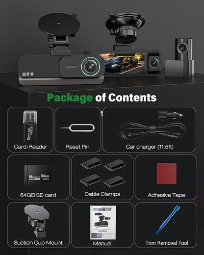 4K+2.5K+2.5K 3 Channel Dash Cam - Front/Rear/Inside - 5.8GHz WiFi 6 Dashcam with IR Night Vision, 64GB Card, 24H Parking Mode, G-Sensor - Car Dash Cam for Rideshare & Taxi