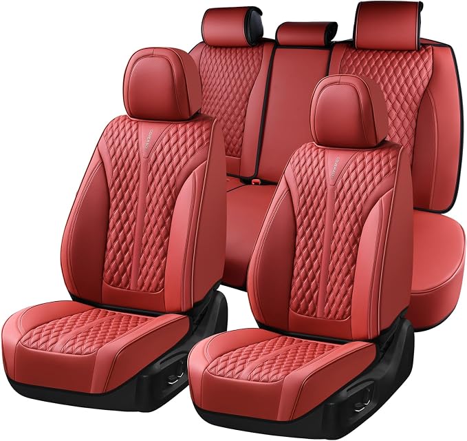 Coverado Car Seat Covers Full Set, Waterproof Nappa Leather Seat Covers for Cars, Front and Back Car Seat Protector, Luxury Car Seat Covers, 5 Seats Universal Red Car Seat Cover Fit for Most Cars