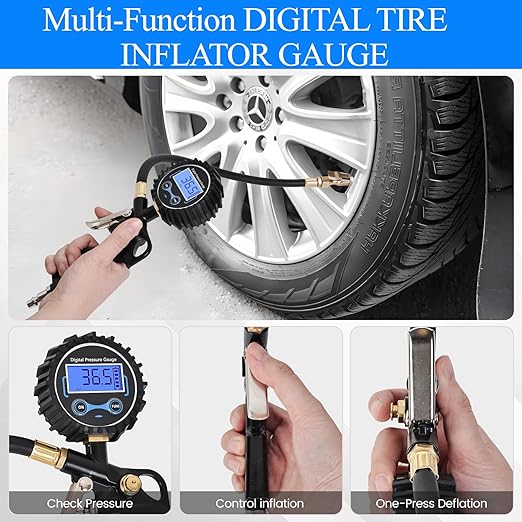 Digital Tire Pressure Gauge with Inflator 250 PSI, Heavy Duty 360° Air Chuck Air Compressor Attachments, Improved Leaks Protection & Extended Hose Tire Gauge, 0.1 Display Resolution, with Storage Box