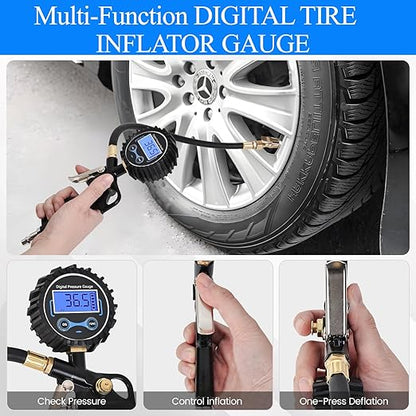 Digital Tire Pressure Gauge with Inflator 250 PSI, Heavy Duty 360° Air Chuck Air Compressor Attachments, Improved Leaks Protection & Extended Hose Tire Gauge, 0.1 Display Resolution, with Storage Box