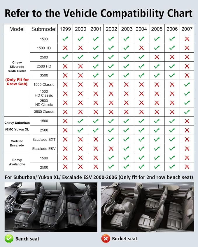 Floor Mats 1999-2006 for Chevy Silverado & GMC Sierra Crew Cab 1500 2500 2500HD 3500HD, 2007 Silverado GMC Sierra Classic Body, 2000-2006 Suburban/Yukon XL/Escalade ESV (2nd Row Bench Seat Only)