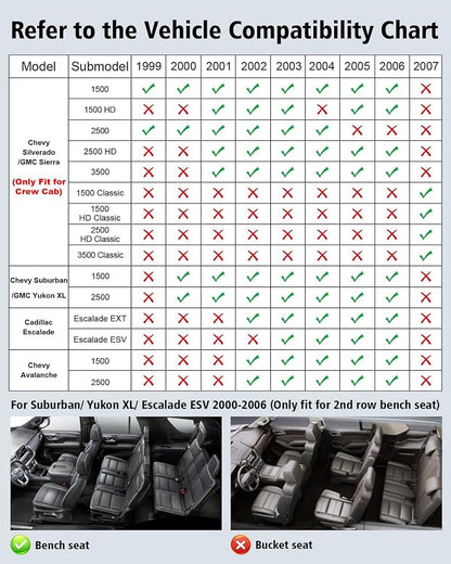 Floor Mats 1999-2006 for Chevy Silverado & GMC Sierra Crew Cab 1500 2500 2500HD 3500HD, 2007 Silverado GMC Sierra Classic Body, 2000-2006 Suburban/Yukon XL/Escalade ESV (2nd Row Bench Seat Only)