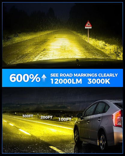 Marsauto H3 LED Bulb Yellow, 12,000LM Super Bright H3 Yellow LED Fog Light Bulbs, 6000K Cool White Fit for Fog Lights & DRL, Plug-Play Canbus Ready, Pack of 2