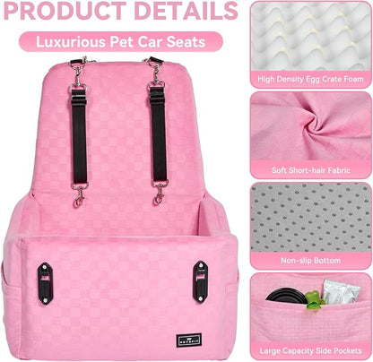 PETSFIT Dog Car Seat for Small/Medium Dogs Up to 35 lbs – Patented Safety System, 5" Memory Foam Pet Booster Car Seat, Fully Detachable and Washable Dog Carseat with 2 Storage Pockets (Pink)