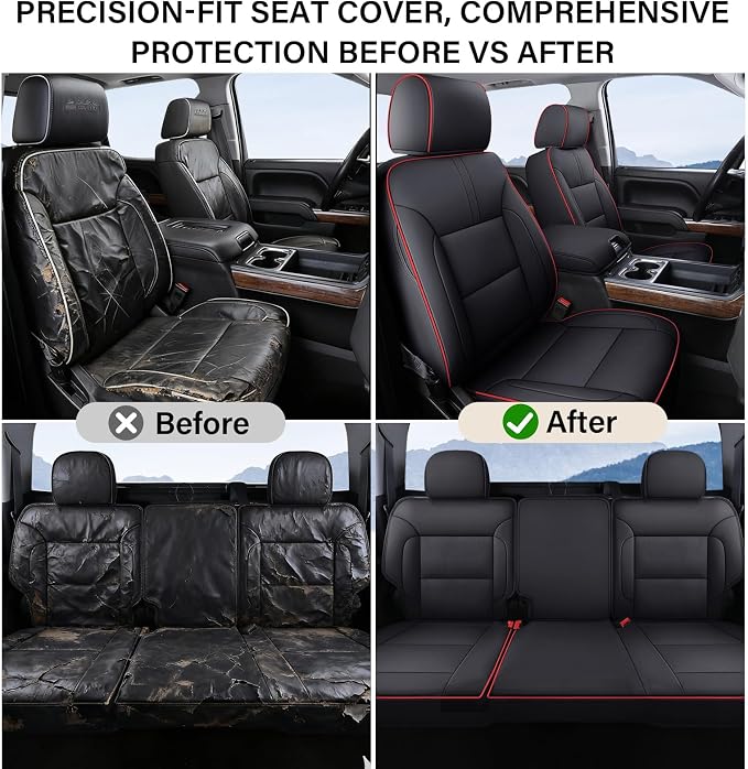 Coverado Car Seat Covers Full Set Faux Leather-Custom Fit Chevy Silverado/GMC Sierra (2007-2013 & 2019-2026 1500, 2020-2026 2500HD/3500HD) Compatible with Crew/Double/Extended Cab (Red)