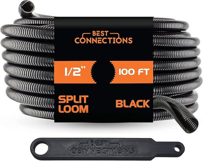 BEST CONNECTIONS Split Wire Loom Flex-Guard Convoluted Tubing with Installation Tool - Protective Cable Sleeves for Automotive Home Electrical Wires Chemical Resistant Conduit Black (1/2" Loom + Tool)