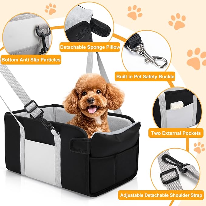 Portable Dog Car Seat for Small Dogs, Booster Seat with Safety Leash & Washable Cushion, Pet Car Seat with Adjustable Straps for Travel - Black&White