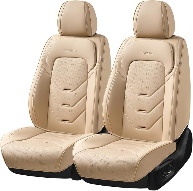 Coverado Car Seat Cover, Front Seat Cover for Car, Waterproof Leather Car Seat Protector, Beige Universal Seat Covers Front Seat, Premium Car Seat Cushion Automotive Seat Covers Fit for Most Vehicles