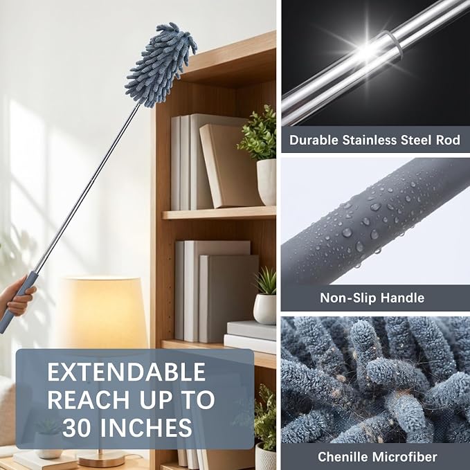2 Pack Microfiber Duster for Cleaning, Washable Dusters, Extendable Pole, Up to 30 Inch Reachable, Wet and Dry Use Cleaning Tools for Car, Ceiling Fan, Window, Furniture, Office