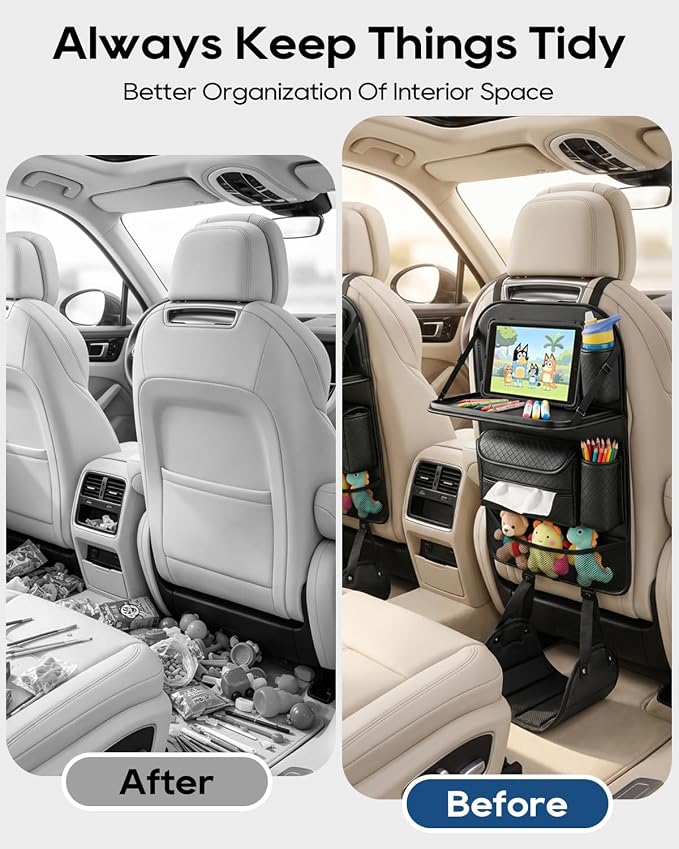 4PACK Leather Car Backseat Organizer with Foldable Table Tray, 6 Storage Pockets Back Protectors Foot Rests, Universal Backseat Car Organizer for Pets and family Road Trip(Black)